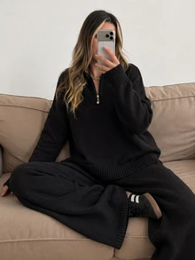 SHEIN طقم كنزة صوفية محبوكة مزودة بياقة نصف سحاب وبنطال ساق واسعة للنساء - الأسود - مشاهدة 2