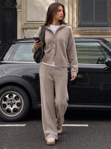 SHEIN Mocha Brown Ribbed Long Sleeve Knit Cardigan & Wide Leg Pants Two Pieces Set – Soft Acrylic Blend, Cozy Winter Lounge Co-Ord, Minimal Chic Matching Suit - Mocha Brown - View 1
