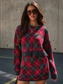 SHEIN WOMEN'S WEAR Regular Shape Knit Mini Skirt & Pullover Sweater Featuring An All-Over Argyle Check Pattern - Multicolor - View 4