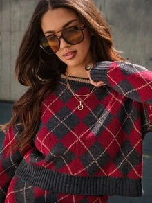 SHEIN WOMEN'S WEAR Regular Shape Knit Mini Skirt & Pullover Sweater Featuring An All-Over Argyle Check Pattern - Multicolor - View 7