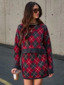 SHEIN WOMEN'S WEAR Regular Shape Knit Mini Skirt & Pullover Sweater Featuring An All-Over Argyle Check Pattern - Multicolor - View 3