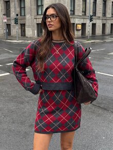 SHEIN WOMEN'S WEAR Regular Shape Knit Mini Skirt & Pullover Sweater Featuring An All-Over Argyle Check Pattern - Multicolor - View 2