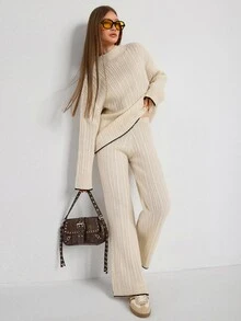 SHEIN WOMEN'S WEAR Ribbed Knit High Neck Top & Wide Leg Pants Co-Ord Set - Cream - View 8