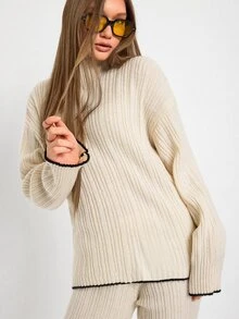 SHEIN WOMEN'S WEAR Ribbed Knit High Neck Top & Wide Leg Pants Co-Ord Set - Cream - View 6