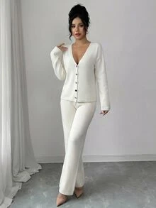CLARA VERO Women V-Neck Button Front Sweater 2pcs Set Co-Ords - White - View 3