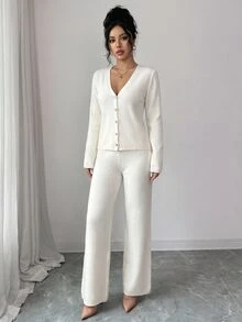 CLARA VERO Women V-Neck Button Front Sweater 2pcs Set Co-Ords - White - View 4