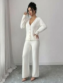 CLARA VERO Women V-Neck Button Front Sweater 2pcs Set Co-Ords - White - View 5