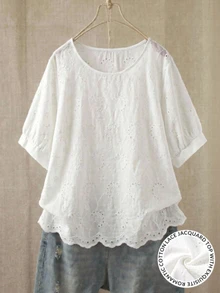 Rusticease Plus Size Women's Hollow Embroidery Round Neck Short Sleeve Casual Shirt  Summer Tops Spring Country Style For Women - White - View 8