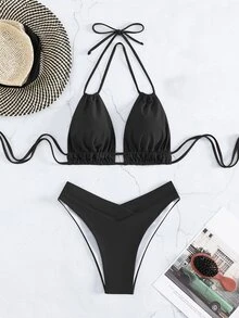 Swim Basics Bikini de cuello halter minimalista de unicolor para mujer - Negro - Ver 7