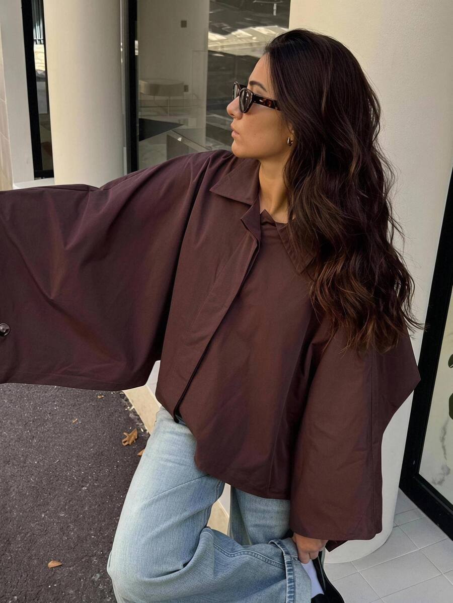 Serisse Women's Notched Collar Batwing Sleeve Cropped Jacket, Brown Burgundy Brown Loose Casual Commute Short Coat, Fall Winter Elegant Outerwear - Brown - View 1