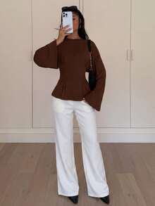 Siren Gaze Women's Solid Color Round Neck Dropped Shoulder Long Sleeve Pleated Hem Casual T-Shirt - Coffee Brown - View 3
