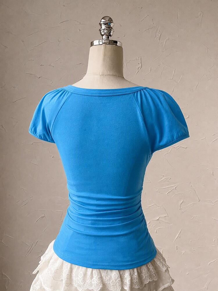 Attitoon Women's Solid Color Ruched Fitted Versatile Casual Short Sleeve T-Shirt - Teal Blue - View 2