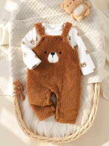 Souflis Newborn Baby Fall Winter Outfit, Bear Print Long Sleeve Top + Fuzzy Embroidered Bear Overalls Jumpsuit Warm Baby Clothes Set - Coffee Brown - View 3