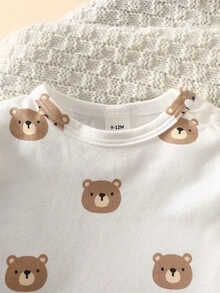 Souflis Newborn Baby Fall Winter Outfit, Bear Print Long Sleeve Top + Fuzzy Embroidered Bear Overalls Jumpsuit Warm Baby Clothes Set - Coffee Brown - View 8