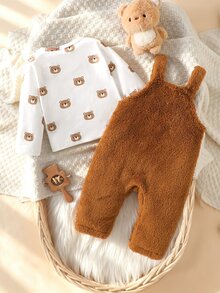 Souflis Newborn Baby Fall Winter Outfit, Bear Print Long Sleeve Top + Fuzzy Embroidered Bear Overalls Jumpsuit Warm Baby Clothes Set - Coffee Brown - View 5