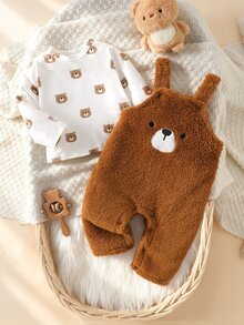 Souflis Newborn Baby Fall Winter Outfit, Bear Print Long Sleeve Top + Fuzzy Embroidered Bear Overalls Jumpsuit Warm Baby Clothes Set - Coffee Brown - View 6