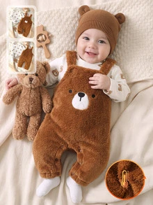 Souflis Newborn Baby Fall Winter Outfit, Bear Print Long Sleeve Top + Fuzzy Embroidered Bear Overalls Jumpsuit Warm Baby Clothes Set - Coffee Brown - View 4