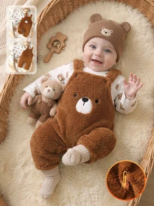 Souflis Newborn Baby Fall Winter Outfit, Bear Print Long Sleeve Top + Fuzzy Embroidered Bear Overalls Jumpsuit Warm Baby Clothes Set - Coffee Brown - View 2