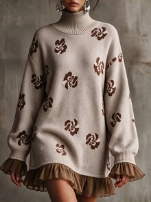 Omancia Elegant High Neck Ruffle Design Long Sleeve Women's Sweater - Khaki - View 3
