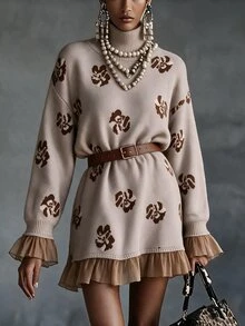 Omancia Elegant High Neck Ruffle Design Long Sleeve Women's Sweater - Khaki - View 4