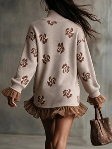 Omancia Elegant High Neck Ruffle Design Long Sleeve Women's Sweater - Khaki - View 2
