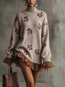 Omancia Elegant High Neck Ruffle Design Long Sleeve Women's Sweater - Khaki - View 1