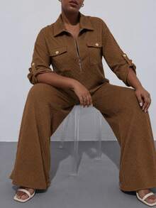 Chikora Plus Size Spring Casual Traditional Top And Pants 2 Pieces Set Formal Vacation Brown - Brown - View 4