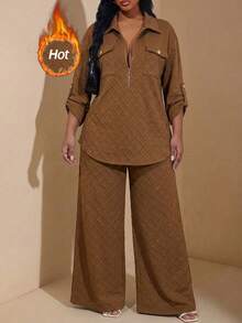 Chikora Plus Size Spring Casual Traditional Top And Pants 2 Pieces Set Formal Vacation Brown - Brown - View 1