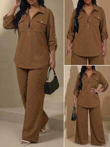 Chikora Plus Size Spring Casual Traditional Top And Pants 2 Pieces Set Formal Vacation Brown - Brown - View 3