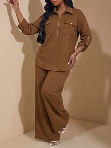 Chikora Plus Size Spring Casual Traditional Top And Pants 2 Pieces Set Formal Vacation Brown - Brown - View 2