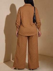 Chikora Plus Size Spring Casual Traditional Top And Pants 2 Pieces Set Formal Vacation Brown - Brown - View 5
