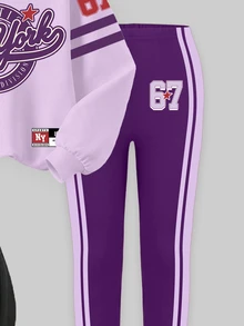 Young Girls 1 Set Fall New York Letter Print Crew Neck Sweatshirt & Leggings Set, Casual Sporty Autumn Outfit - Multicolor - View 4