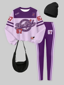 Young Girls 1 Set Fall New York Letter Print Crew Neck Sweatshirt & Leggings Set, Casual Sporty Autumn Outfit - Multicolor - View 3