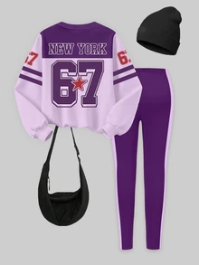 Young Girls 1 Set Fall New York Letter Print Crew Neck Sweatshirt & Leggings Set, Casual Sporty Autumn Outfit - Multicolor - View 2