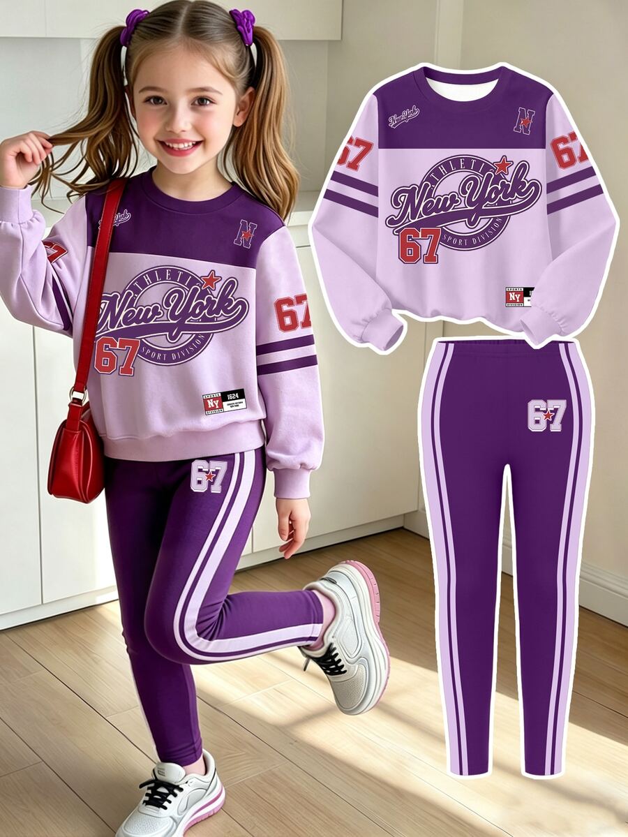 Young Girls 1 Set Fall New York Letter Print Crew Neck Sweatshirt & Leggings Set, Casual Sporty Autumn Outfit - Multicolor - View 1