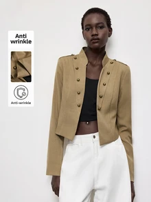 Maija Women's Fashion Versatile Streetwear Casual Button Long Sleeve Jacket Office Business Khaki Green Autumn - Brown - View 2