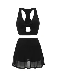 Sirith Women's Solid Color Halter Top And Shorts Casual Daily Sports Set - Black - View 3