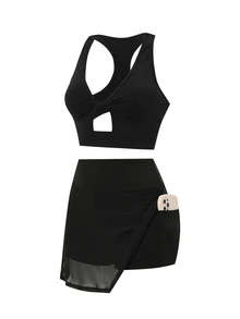 Sirith Women's Solid Color Halter Top And Shorts Casual Daily Sports Set - Black - View 5