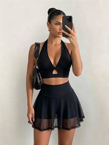 Sirith Women's Solid Color Halter Top And Shorts Casual Daily Sports Set - Black - View 1