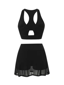 Sirith Women's Solid Color Halter Top And Shorts Casual Daily Sports Set - Black - View 2