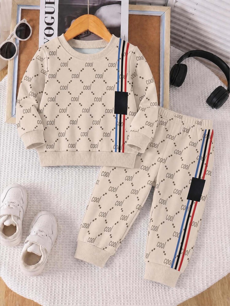 2pcs/Set Boys' Casual Fashion Comfortable Sweatshirt Set, Letter All-Over Digital Print Long Sleeve Top, Outfit, Autumn/Winter Wear, Boys' Apricot Round Neck Sweatshirt And Sweatpants Set - Multicolor - View 2