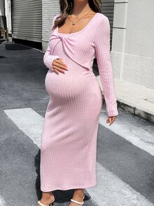 Lyckli Maternity Solid Color Twist Design Long Sleeve Slim Fit Elegant Dress - Pink - View 9