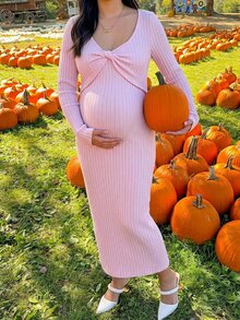 Lyckli Maternity Solid Color Twist Design Long Sleeve Slim Fit Elegant Dress - Pink - View 2