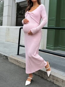 Lyckli Maternity Solid Color Twist Design Long Sleeve Slim Fit Elegant Dress - Pink - View 4