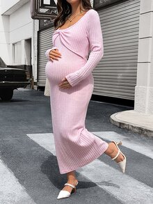 Lyckli Maternity Solid Color Twist Design Long Sleeve Slim Fit Elegant Dress - Pink - View 7