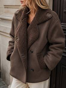 Pariaura Brown Teddy Lined Faux Shearling Winter Coat – Women's Warm Oversized Jacket - Brown - View 2