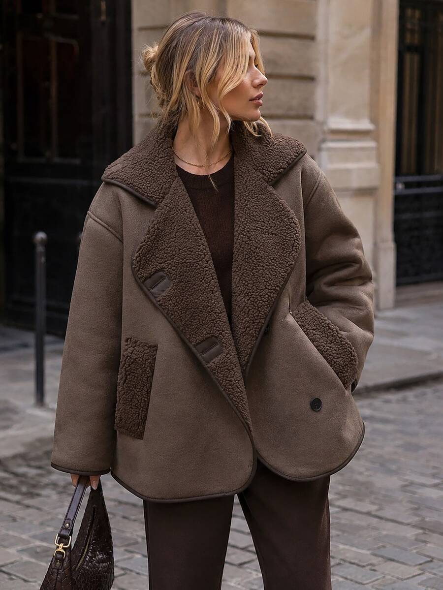 Pariaura Brown Teddy Lined Faux Shearling Winter Coat – Women's Warm Oversized Jacket - Brown - View 1