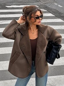 Pariaura Brown Teddy Lined Faux Shearling Winter Coat – Women's Warm Oversized Jacket - Brown - View 4