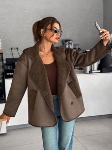 Pariaura Brown Teddy Lined Faux Shearling Winter Coat – Women's Warm Oversized Jacket - Brown - View 6