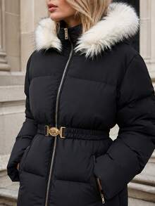 Pariaura Black Belted Puffer Winter Coat For Women - الأسود - مشاهدة 2